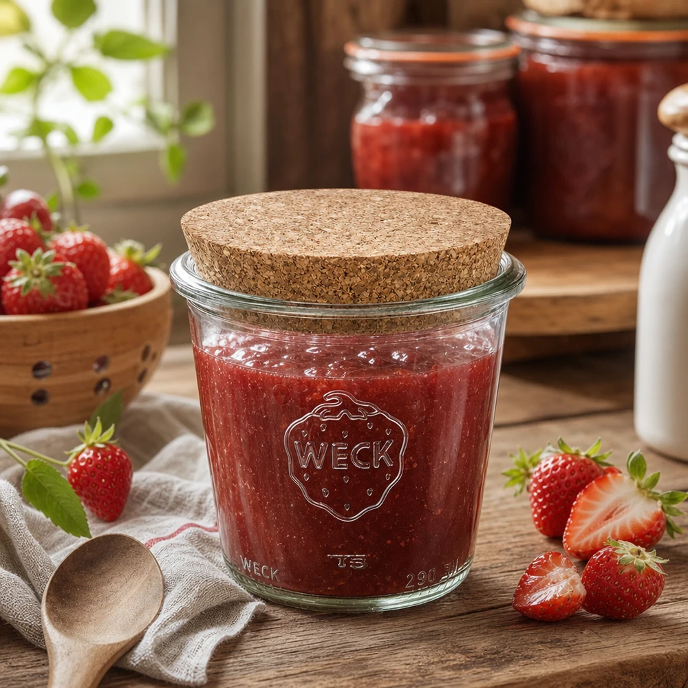WECK Pot de conserve 290ml avec couvercle en liège rempli de confiture de fraises dans une cuisine rustique avec des fraises fraîches