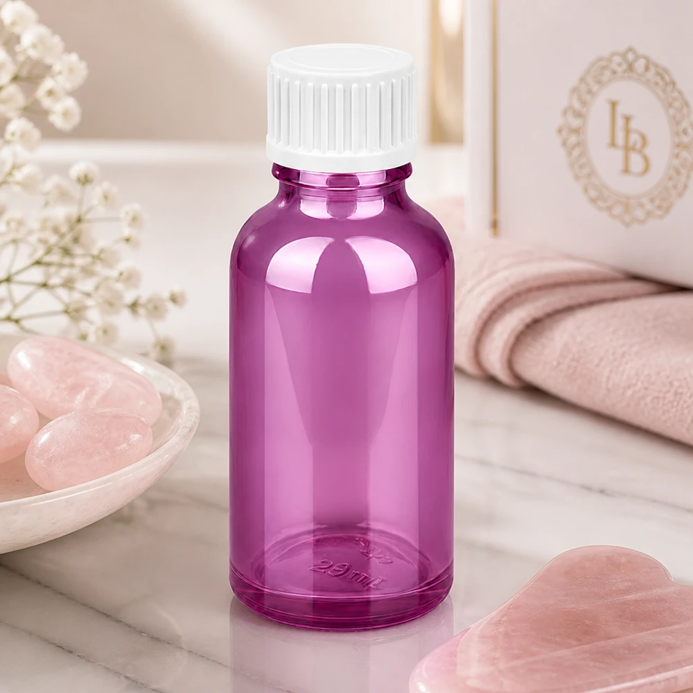 Flacon de 30ml (globules). Anneau de coulée 3mm blanc Standard PurpleLine. UT18/30 Bouteille de 30 ml en verre teinté violet avec bouchon à visser UT18 à l'épreuve des enfants