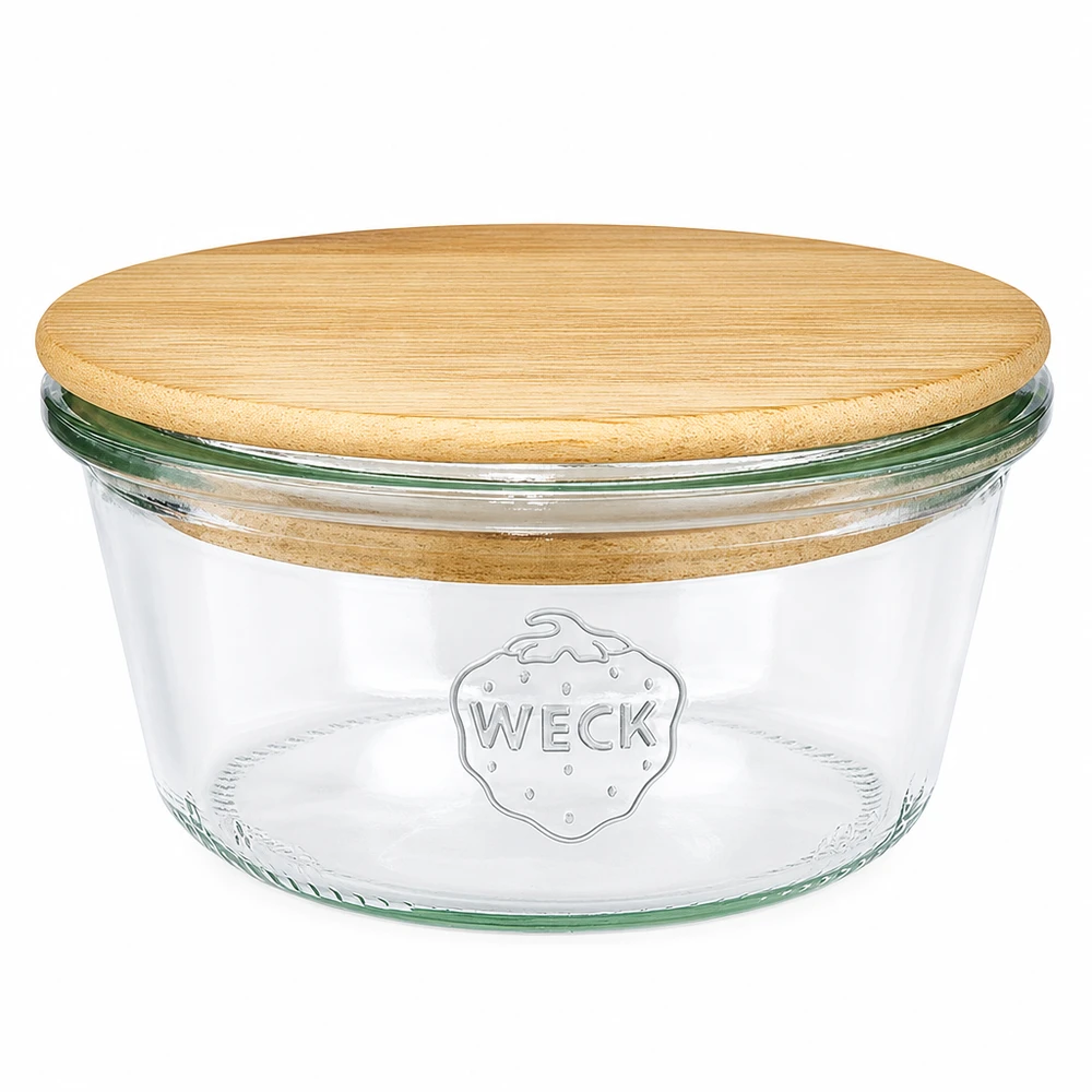 290ml bocal conique faible WECK RR80 avec couvercle en bois WECK bocal 290ml bas RR100 avec couvercle rond en bois de bambou, bocal avec logo WECK sur fond blanc