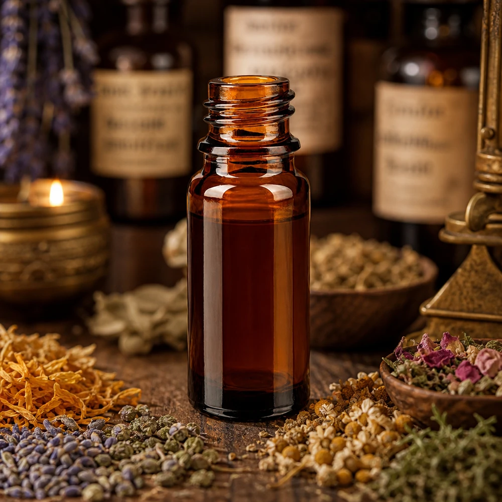 Bouteille de pharmacie brune de 10 ml ApoGlas entre les herbes séchées et les épices en pharmacie traditionnelle