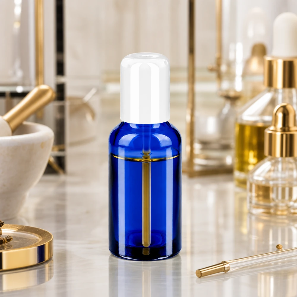 Flacon Roll-On 30ml blanc STD BlueLine UT18/30 Bouteille en verre bleu cobalt 30ml avec bouchon blanc parfaite pour le bricolage et les cosmétiques naturels