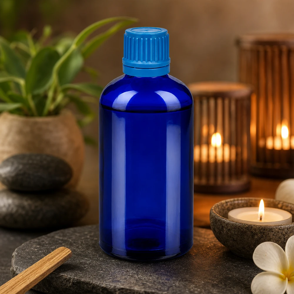 Flacon 100ml 11mm SV bleu OV BlueLine UT18/100 Bouteille en verre robuste de 100 ml de la série BlueLine avec bouchon inviolable pour les thérapeutes