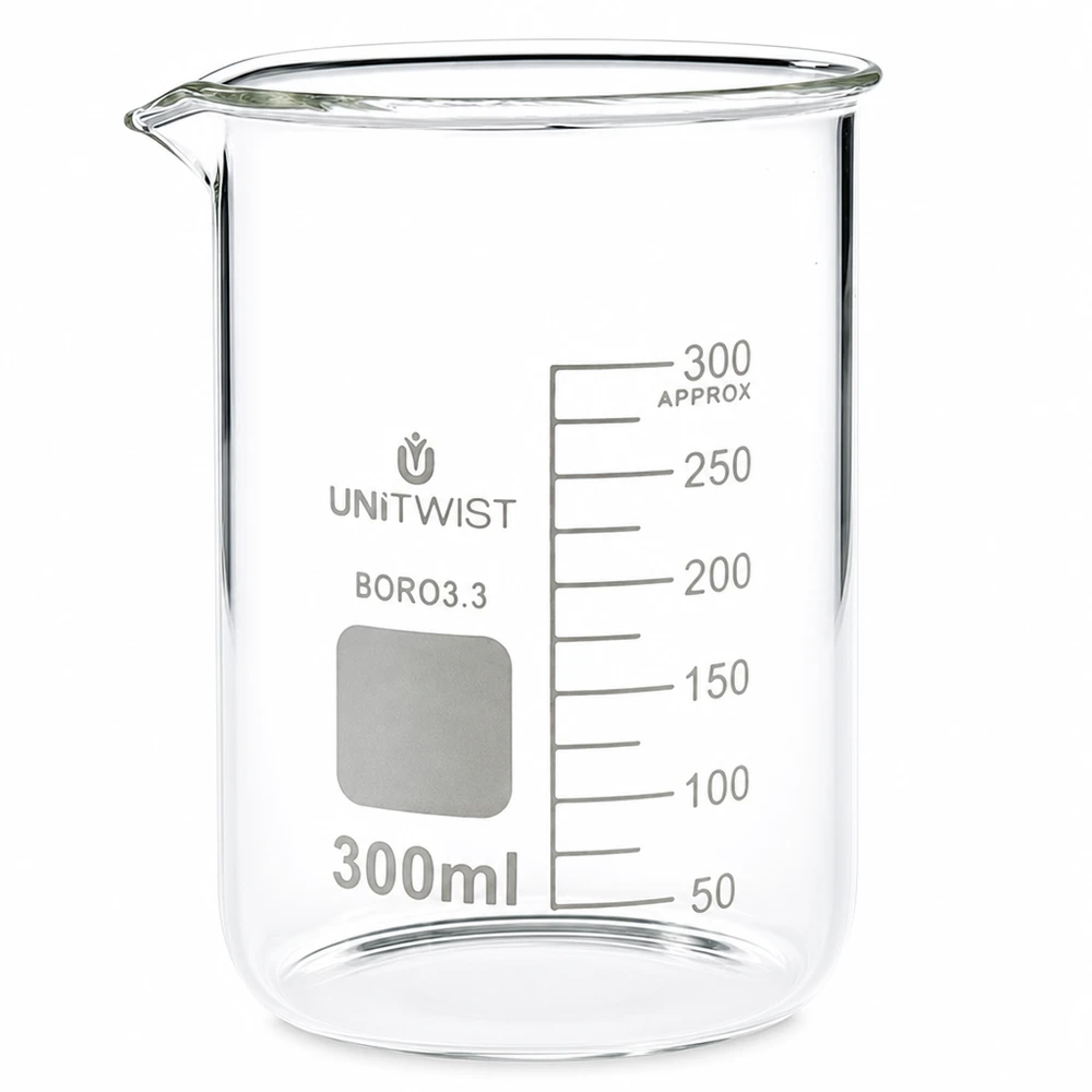 Bécher 300ml borosilicate, forme basse UNiTWIST Verre à bec transparent 300 ml BORO3.3 avec graduation de 50 à 300 ml UNiTWIST