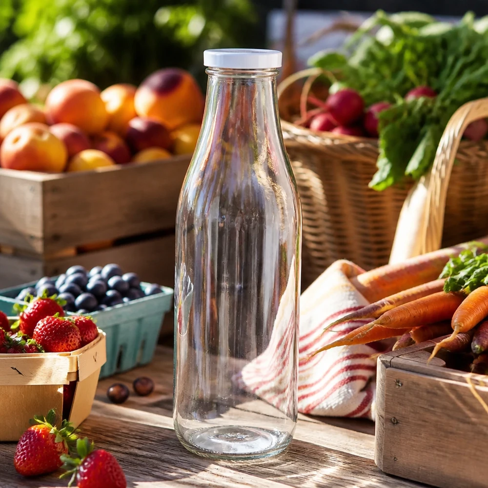 1000ml Bouteille avec couvercle BasicSeal blanc UNiTWIST Bouteille en verre 1000ml vide BasicSeal couvercle blanc étal de marché fruits frais légumes baies carottes scènes d'extérieur