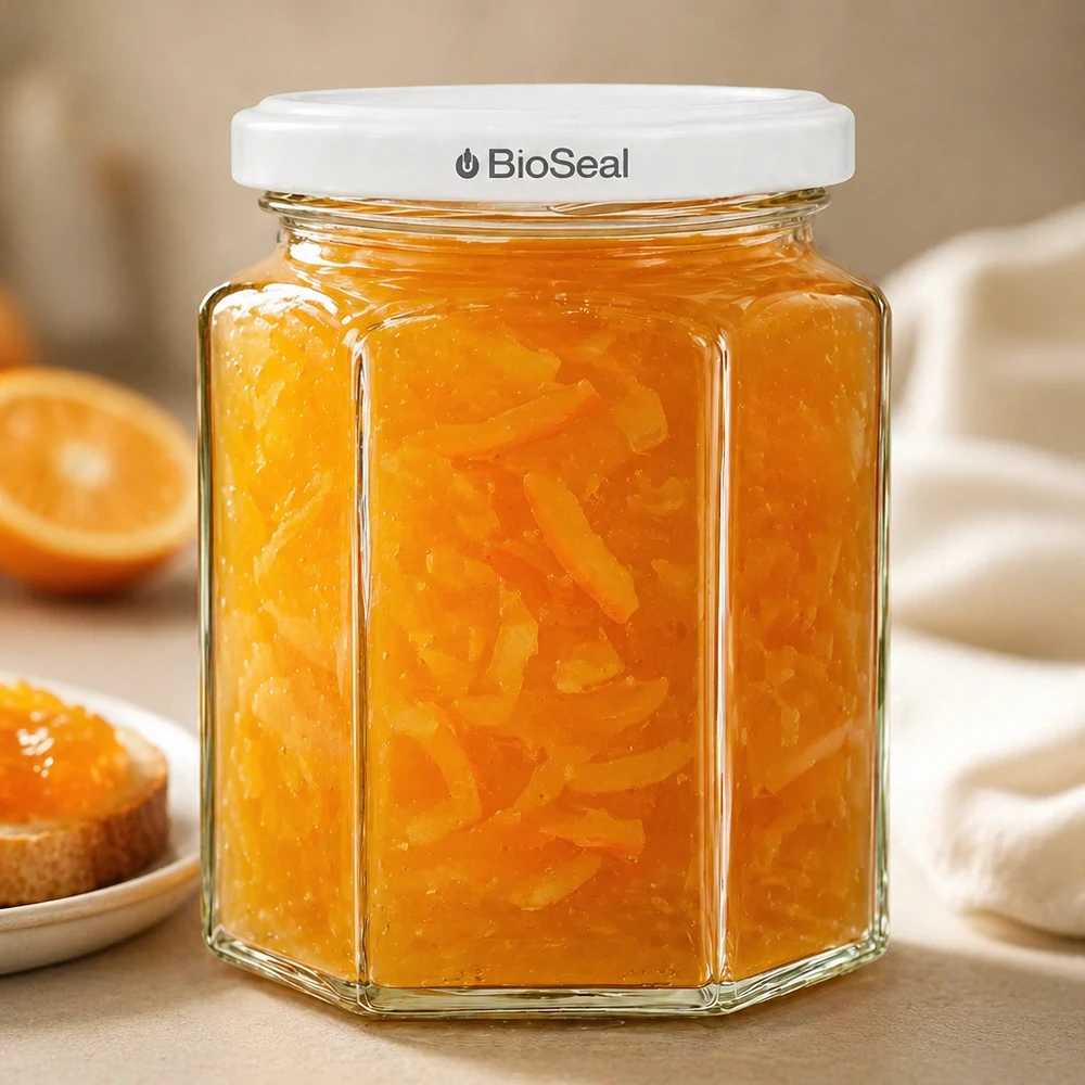 288ml Verre hexagonal avec couvercle BioSeal blanc UNiTWIST UNiTWIST Hexa288 Pot de confiture rempli de marmelade d'orange avec couvercle blanc TO63 BioSeal à côté du toast