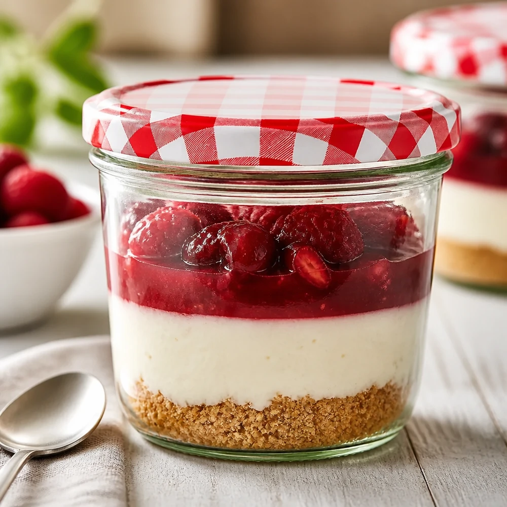 Verre renversé de 230 ml comme verre à dessert avec dessert en couches et fermeture BasicSeal à carreaux rouges et blancs dans une scène de cuisine