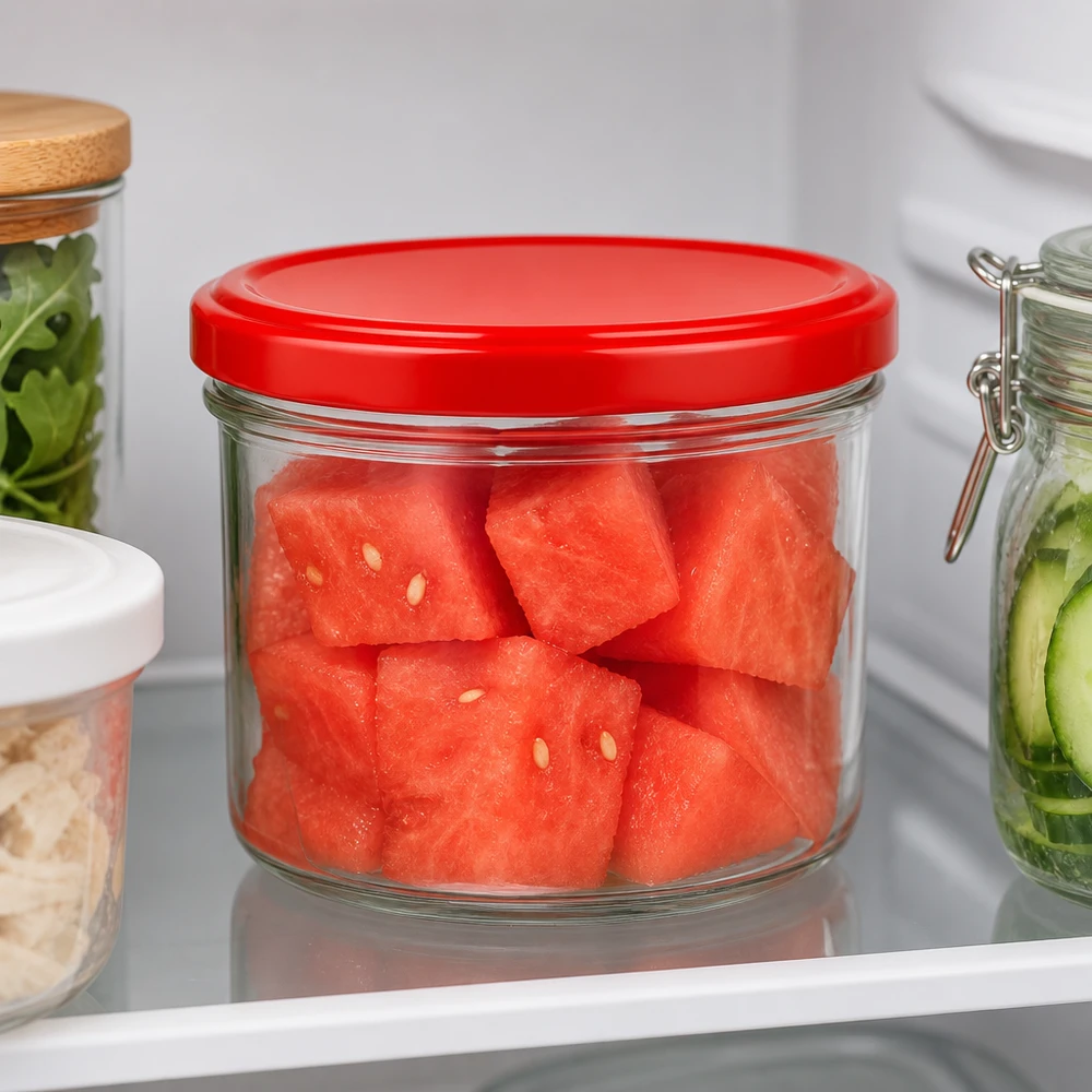 230ml Zylinderglas mit rotem Deckel voller Wassermelonenstücke im Kühlschrank neben anderen Vorratsgläsern