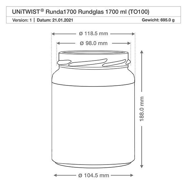 1700ml Verre rond sans couvercle (TO100) UNiTWIST UNiTWIST Runda1700 verre renversé 1700ml TO100 dessin technique dimensions dimensions 118,5mm diamètre 188mm hauteur