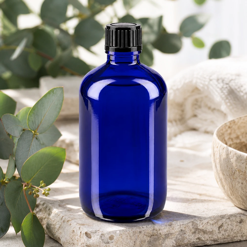 Flacon de pharmacie bleu 100ml bouchon vissable noir Std Flacon en verre bleu cobalt de 100 ml avec bouchon à vis, destiné aux huiles essentielles et aux cosmétiques naturels