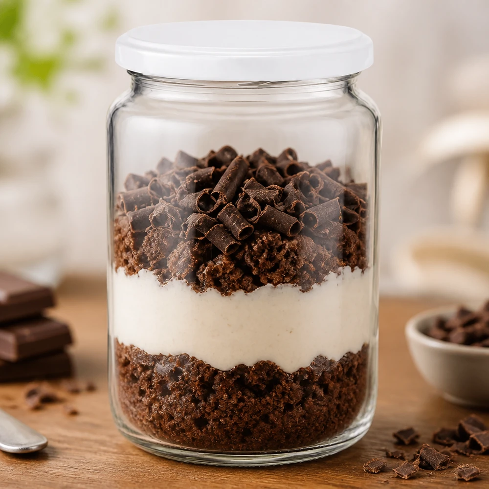 Verre rond de 795 ml UNiTWIST rempli d'un dessert au chocolat stratifié montre une utilisation pratique comme verre à dessert