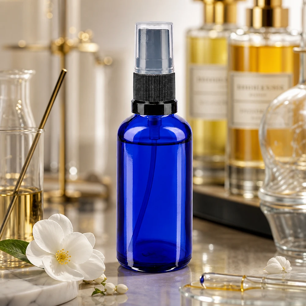 Flacon vaporisateur compact en verre de 50 ml, bleu avec une pompe noire, pour parfum et spray d'ambiance