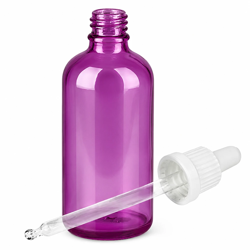 Flacon pipette 100ml blanc originalité bouchon à vis PurpleLine UT18/100 Petit flacon doseur violet de 100 ml avec bouchon compte-gouttes pratique pour les déplacements