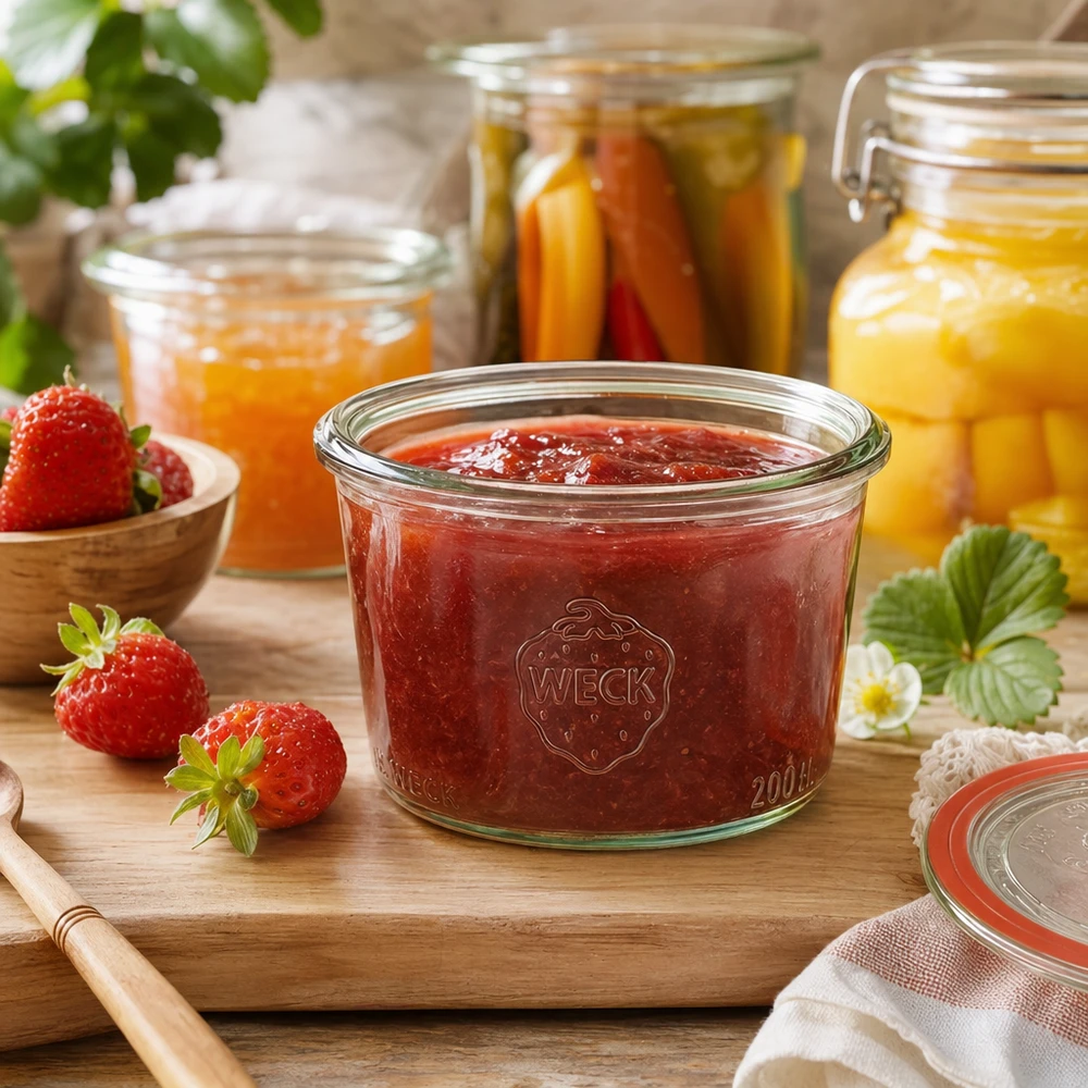 Bocal en verre de 200 ml WECK RR80 200ml WECK Pot renversé RR80 rempli de confiture de fraises sur une planche en bois à côté de fraises fraîches et de bocaux de conservation