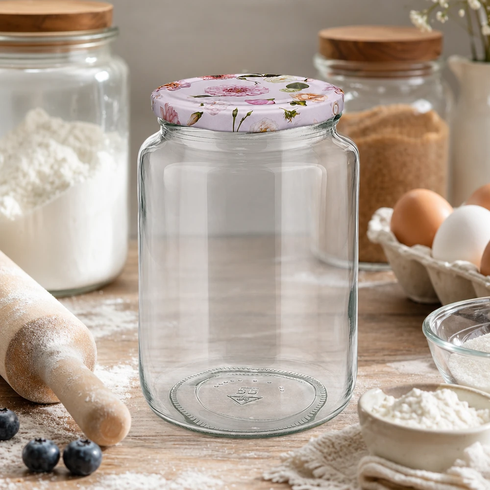 795ml Bocal rond vide sur table en bois Cuisine Ingrédients de boulangerie Farine Œufs BasicSeal Couvercle rose Fleurs Bocal à conserves