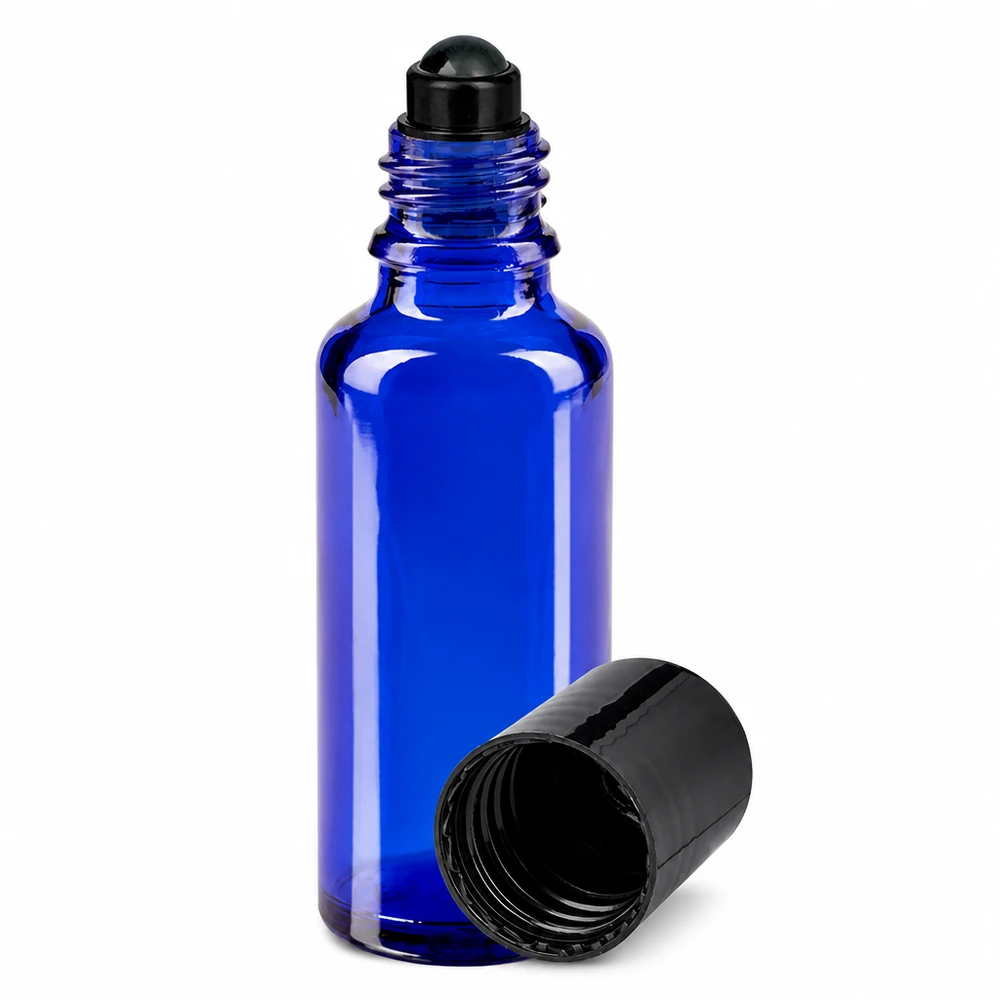Flacon roll-on bleu cobalt de 30 ml en verre d'apothicaire, muni d'un embout à bille noir