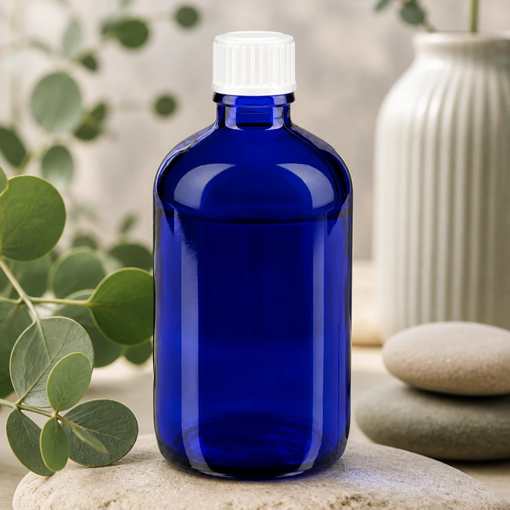 Flacon opac若 100 ml en verre d'apothicaire bleu cobalt avec bouchon d'inviolabilité
