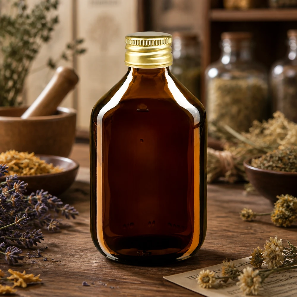 Bouteille médicale de 300ml brune avec bouchon en aluminium or Le flacon pratique de 300 ml en verre brun protège parfaitement le contenu de la lumière nocive.