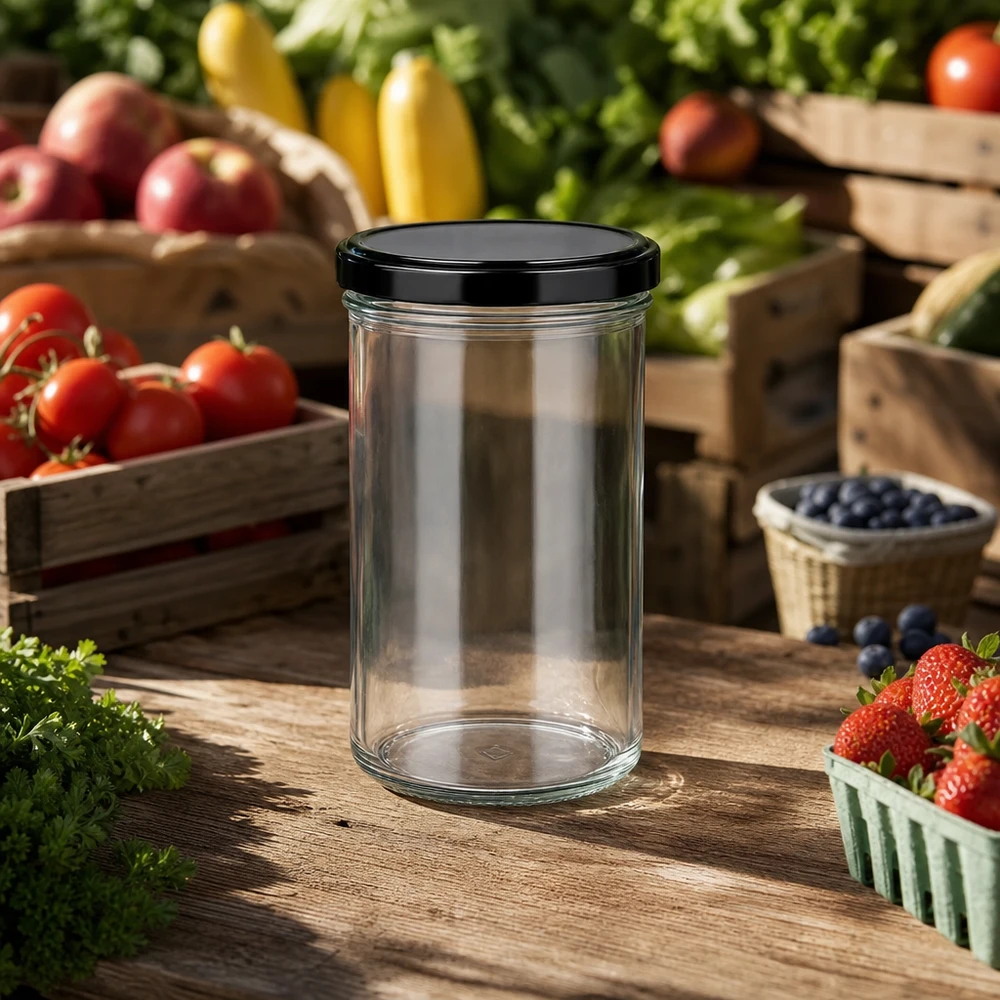 230ml Verre conique avec couvercle BasicSeal noir UNiTWIST 277ml pot renversé avec couvercle noir sur table en bois avec tomates fraises myrtilles pot à confiture pot de conservation