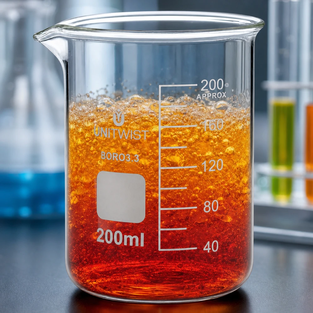 Bécher 200ml borosilicate, forme basse UNiTWIST Bécher de 200 ml, de forme basse, en borosilicate 3.3, contenant un liquide aux couleurs vives, dans un environnement de laboratoire