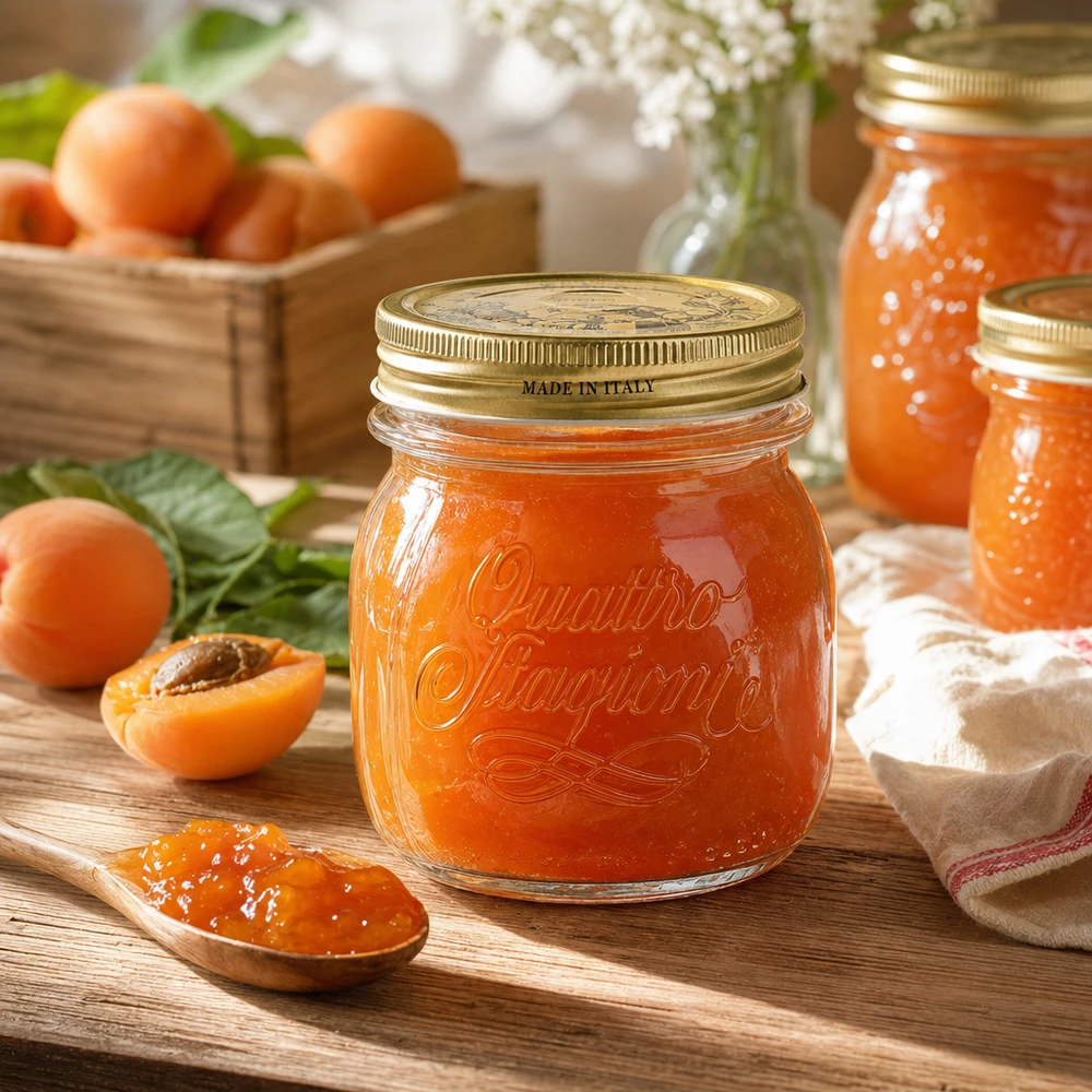 Quattro Stagioni Pot rond 250ml avec couvercle à visser rempli de confiture d'abricots sur table en bois avec abricots frais