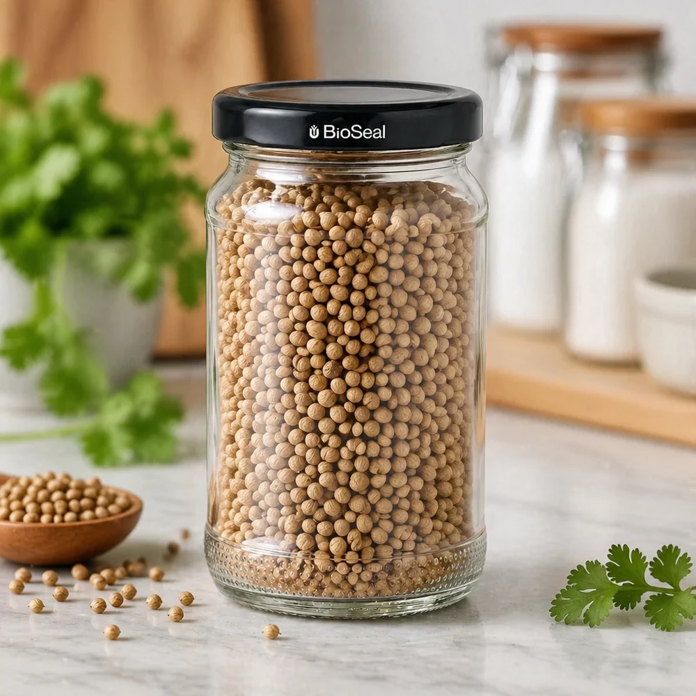 UNiTWIST Runda110 Bocal de stockage rempli de graines de coriandre avec couvercle noir TO48 BioSeal dans une cuisine moderne