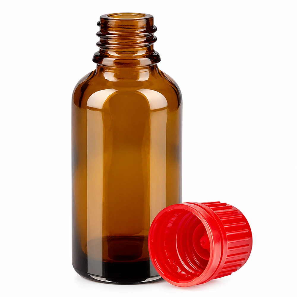 Flacon 30ml 11mm SV rouge OV BrownLine UT18/30 Bouteille de protection UV de 30ml en brun avec bouchon rouge parfaite pour la médecine et la naturopathie