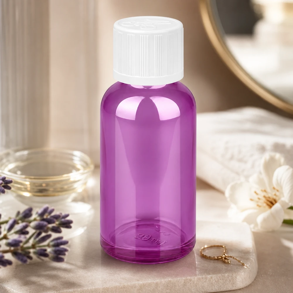 Flacon 30ml bouchon à vis 11mm blanc standard sécurité enfant PurpleLine UT18/30 Bouteille en verre réutilisable de 30 ml d'un violet élégant avec un bouchon à vis blanc robuste