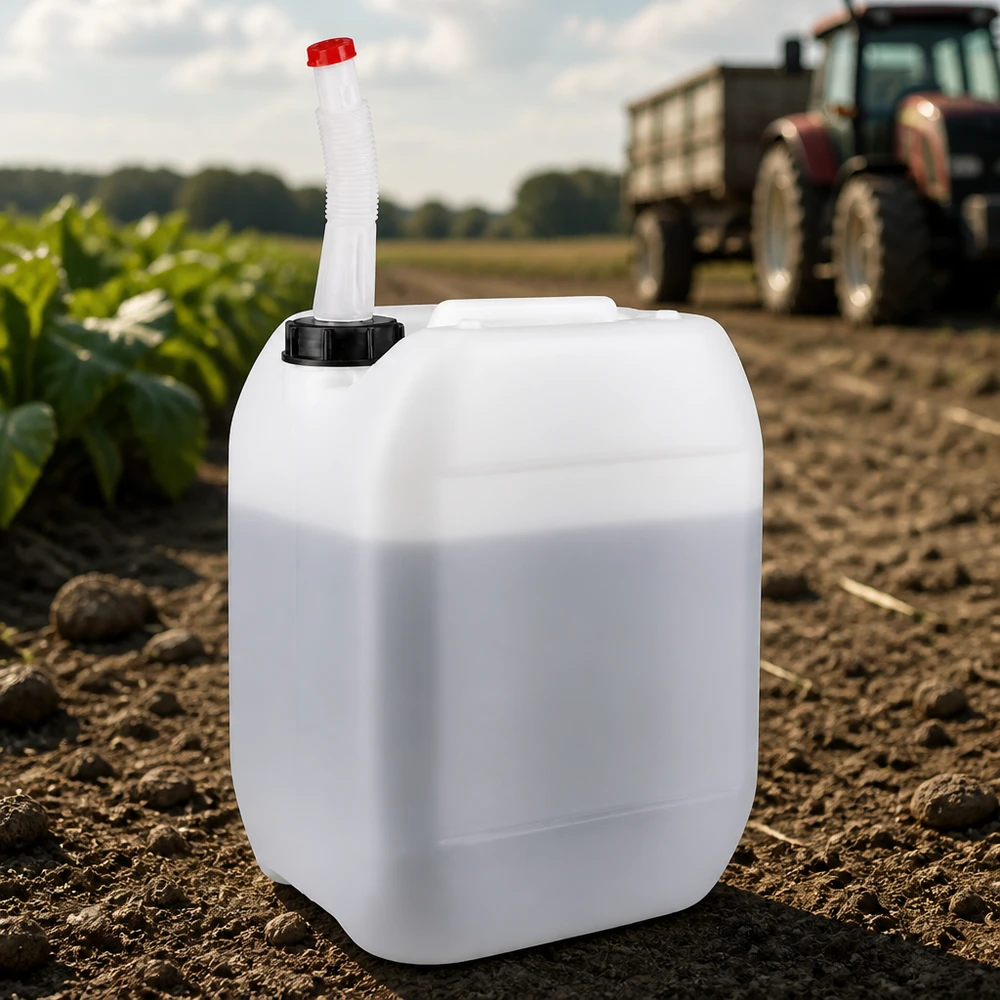 Bidon 10 litres avec tuyau d'écoulement Flex Bidon rectangulaire en plastique blanc de 10 litres avec bec verseur flexible, à côté d'un tracteur sur un chemin de campagne