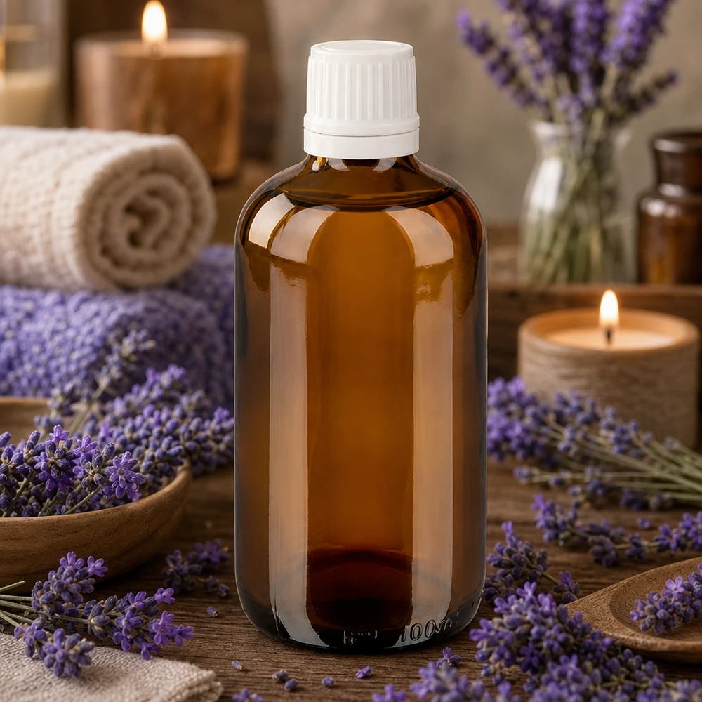 Flacon en verre Apo de 100 ml avec bouchon blanc à sécurité enfant, dans un décor rustique inspiré de l'aromathérapie