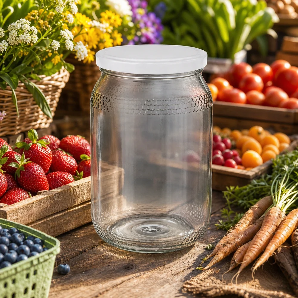 Pot de miel vide de 900ml avec couvercle blanc BasicSeal entre les fruits et légumes frais montre une utilisation naturelle