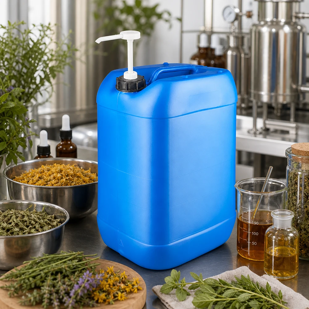 Grand bidon en plastique bleu de 25 litres muni d'un distributeur à pompe, entouré d'herbes médicinales séchées et d'un alambic