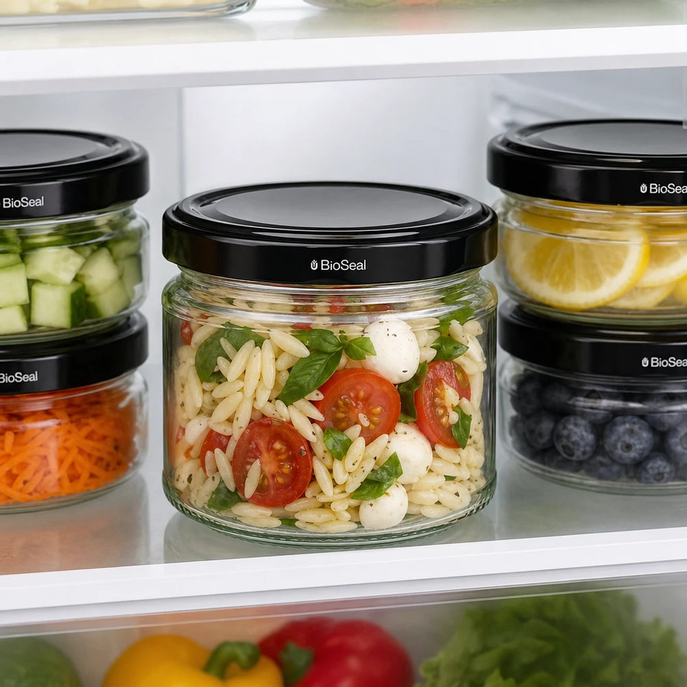 Bocaux Runda330 UniTWIST avec couvercles noirs TO82 BioSeal dans le réfrigérateur pour la conservation de la salade et des aliments
