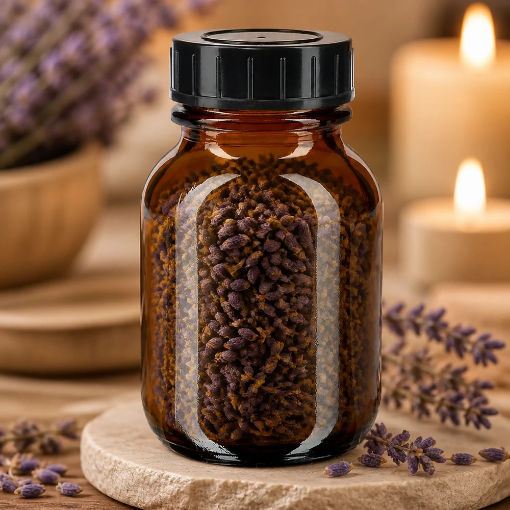 Bocal à col large en verre ambré 50 ml + couvercle à vis