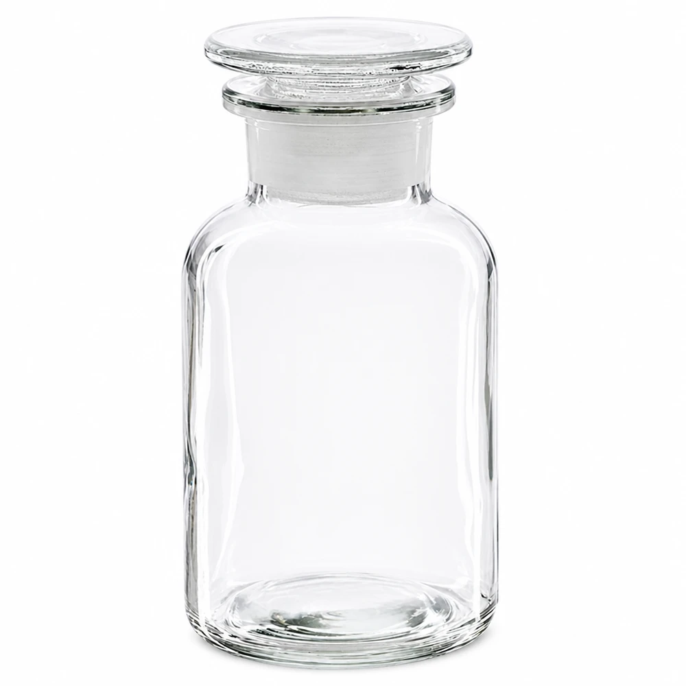 Flacon pharmaceutique 250 ml col large + bouchon verre clair Bouteille à épaules arrondies en verre transparent de 250 ml, à col large et bouchon plat en verre
