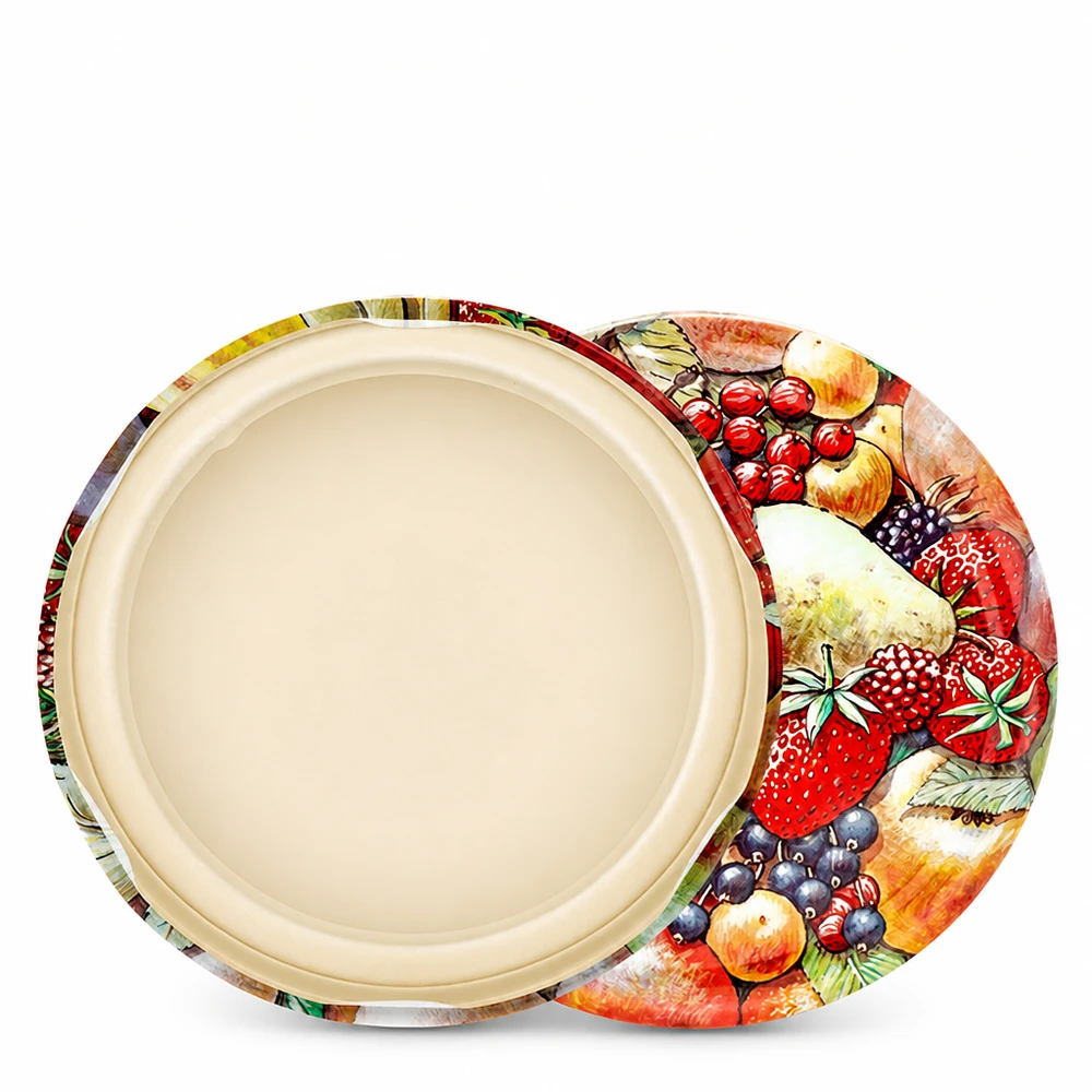 Couvercle BasicSeal 82 mm, motif fruits (TO82) UNiTWIST Revêtement intérieur beige UNiTWIST BasicSeal TO82, couvercle à vis 82 mm, adapté au contact alimentaire, motif fruits