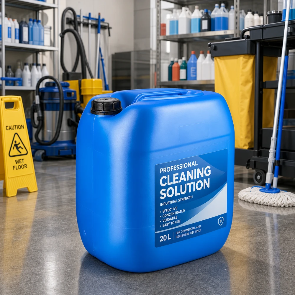 Bidon de 30 litres, bleu, avec bouchon à vis noir, destiné aux solutions de nettoyage industrielles