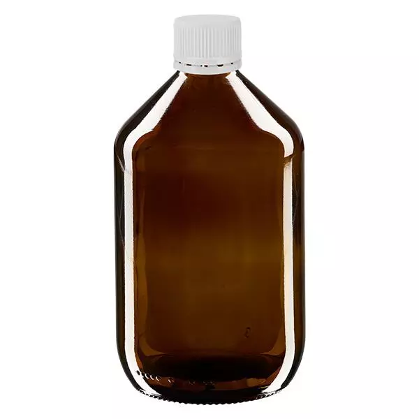 Bouteille à usage médical de 500 ml, marron, avec bouchon blanc d'origine Bouteille à usage médical de 500 ml, marron, avec bouchon blanc d'origine