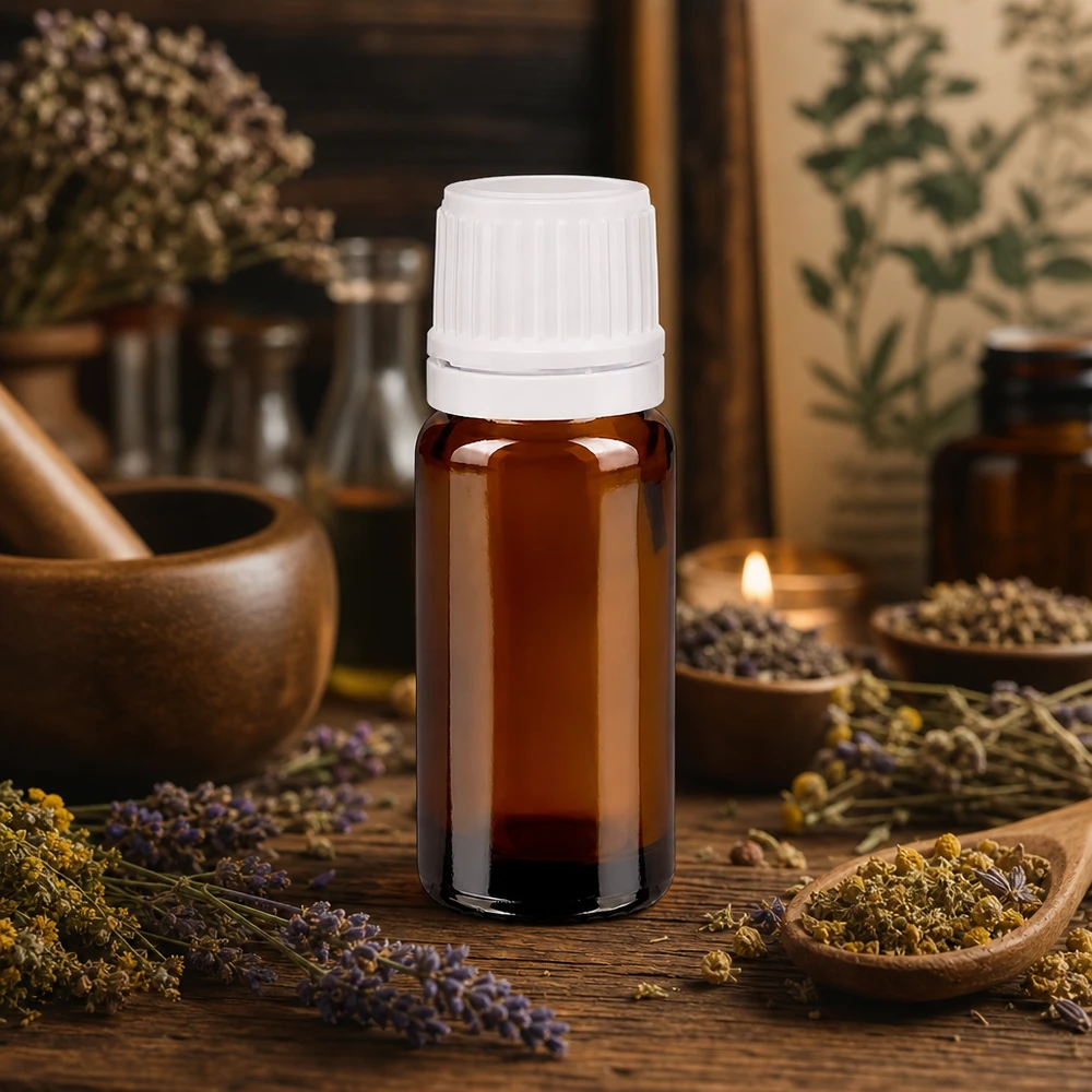 Flacon de pharmacie brun 10ml bouchon vissable blanc bouchon d'inviolabilité Flacon en verre ambré de 10 ml muni d'un bouchon OV blanc, entouré de lavande et d'herbes aromatiques