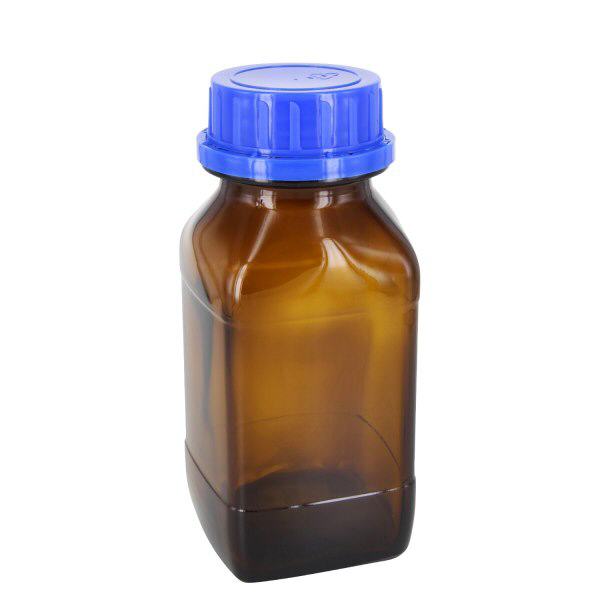 Flacon carré à col large en verre ambré 500 ml, avec bouchon à vis bleu de norme DIN 54, système d’inviolabilité et joint cônique