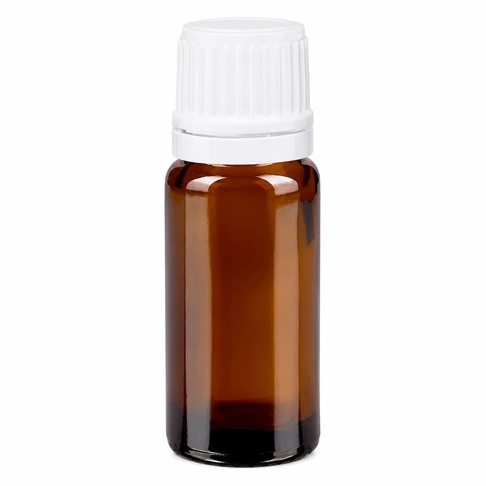 Petit flacon de pharmacie de 10 ml en verre ambré, muni d'un bouchon d'inviolabilité blanc à l'épreuve des enfants de 11 mm