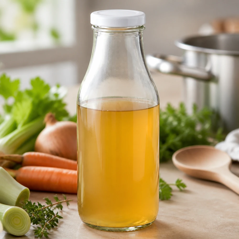 Bouteille en verre de 330 ml + couvercle BasicSeal blanc UNiTWIST Bouillon de légumes doré dans une bouteille en verre UNiTWIST de 330 ml avec un bouchon blanc, dans la cuisine