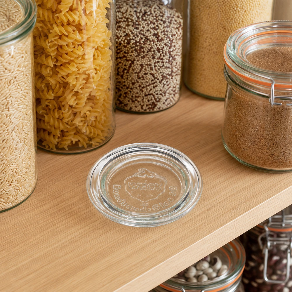 Couvercle de verre RR60 WECK WECK Couvercle en verre RR60 sur une étagère en bois entre des bocaux de stockage avec des pâtes Quinoa et des épices dans une cuisine moderne