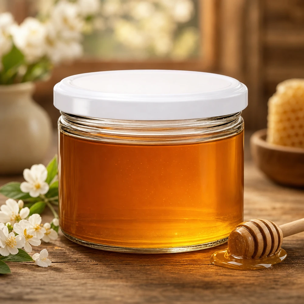 Pot rond BasicSeal blanc de 540 ml avec miel et cuillère à miel - le pot parfait pour les édulcorants naturels