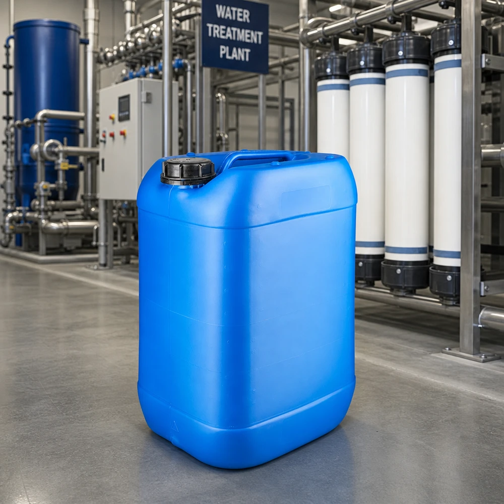 Bidon robuste en PEHD de 25 L, bleu, avec bouchon à vis noir, destiné aux produits chimiques industriels