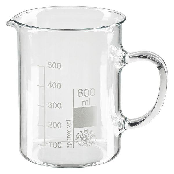 Bécher avec poignée 600ml en verre borosilicate résistant à la chaleur (forme normale) Bécher avec poignée 600ml en verre borosilicate résistant à la chaleur (forme normale)