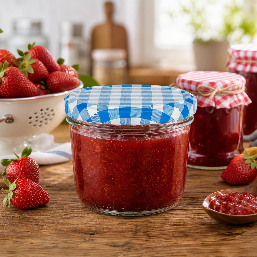 Pot renversé de 230 ml avec couvercle BasicSeal bleu et blanc rempli de confiture de fraises dans une scène de cuisine rustique