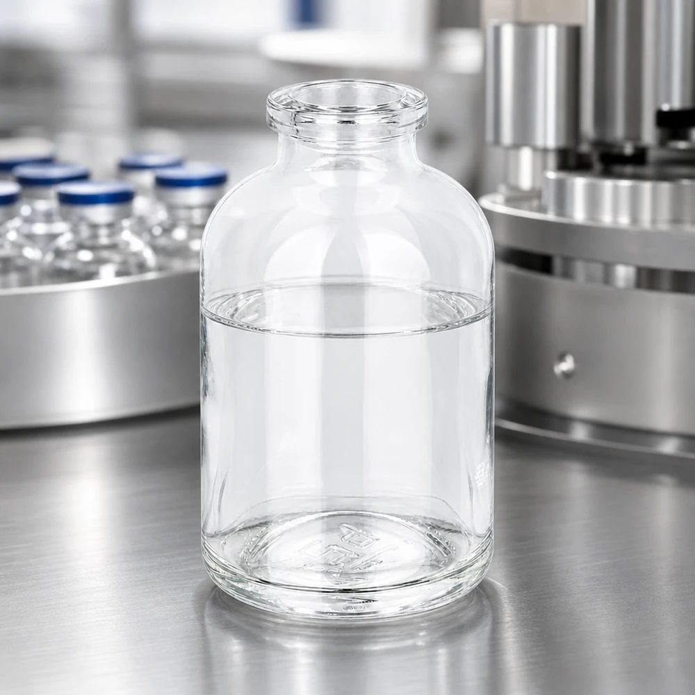 Flacon pour solution injectable, 50 ml en verre clair Sterile Glasflasche 50ml für Injektionszwecke mit dickwandigem Boden und klarem Glas