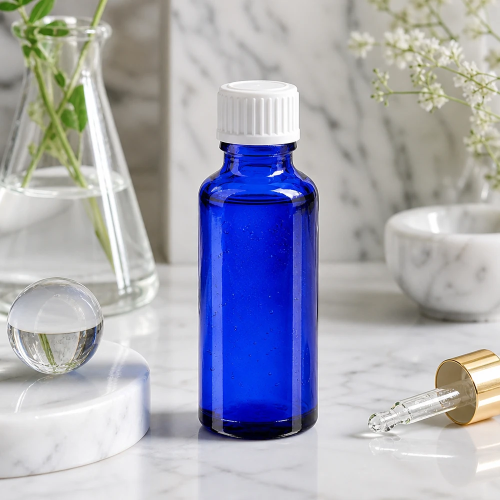 Flacon en verre bleu cobalt de 30 ml avec un bouchon à vis blanc, à côté d'un ballon de laboratoire et de fleurs