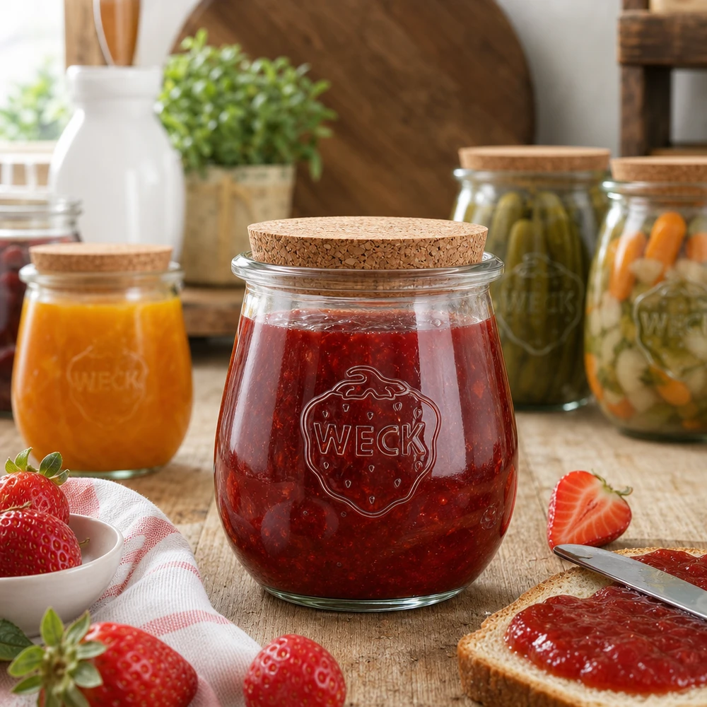 WECK Pot tulipe avec bouchon rempli de confiture de fraises dans un environnement de cuisine agréable avec des fruits frais