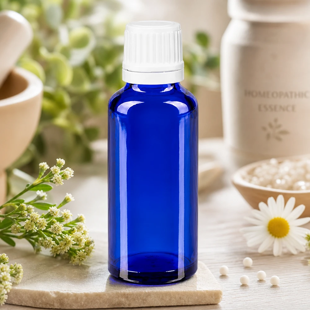 Flacon de pharmacie bleu cobalt de 30 ml avec compte-gouttes de 0,7 mm pour remèdes homéopathiques et remèdes naturels